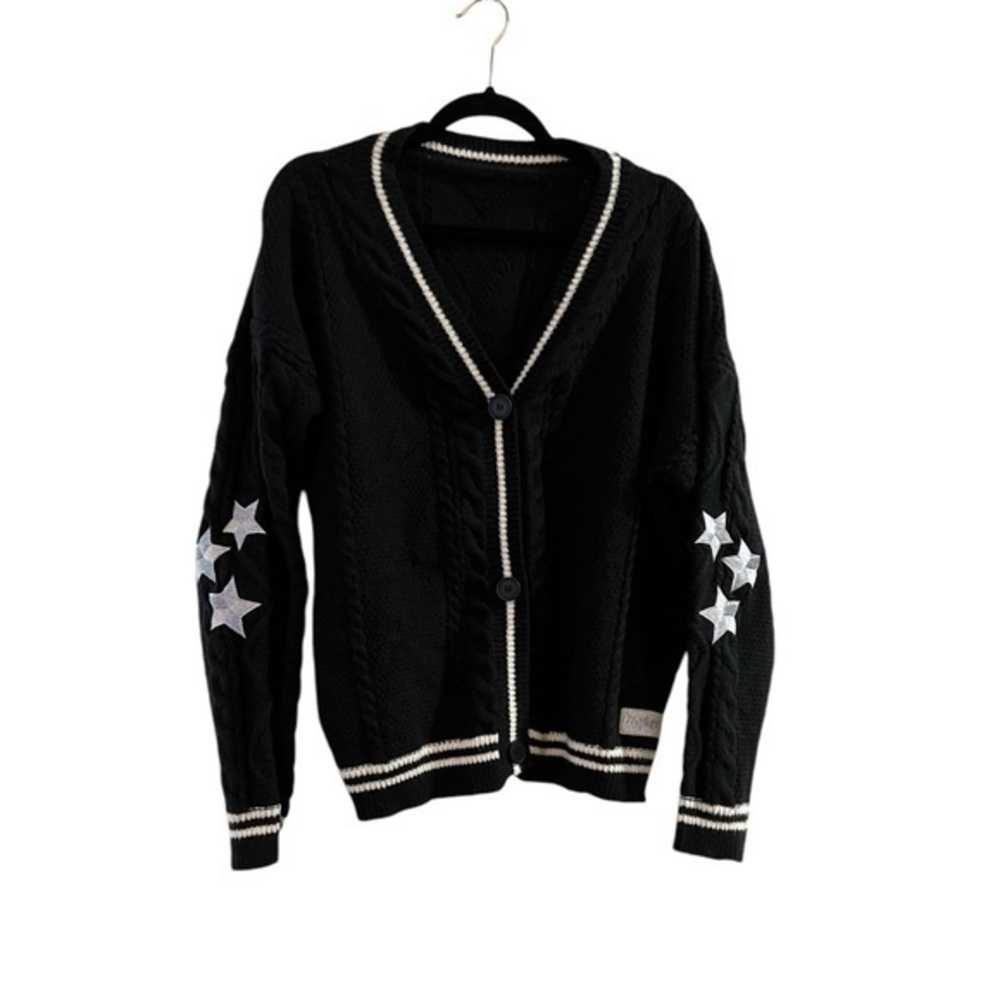 TAYLOR SWIFT Varsity Style V-Neck Cable Knit Cardigan Sweater w/ ⭐️ Stars, black